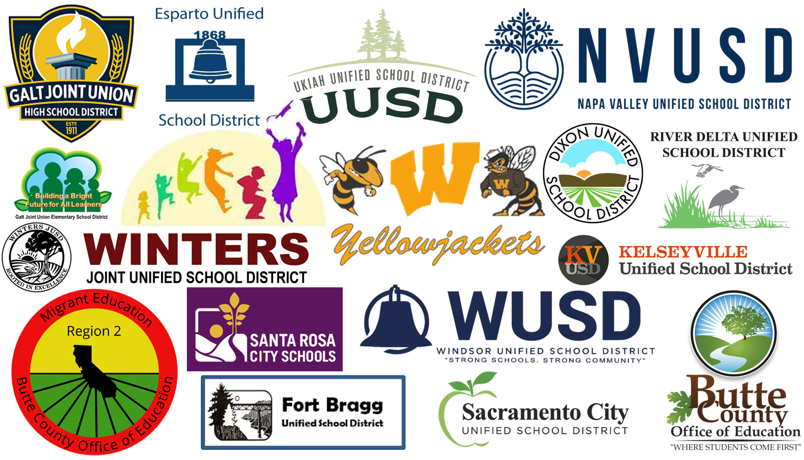 Banner of all the logos of districts Migrant Education Region 2 collaborates with