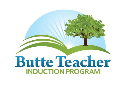 Butte Teacher Induction Logo Tree on green hills which are also pages of open book and sunrise
