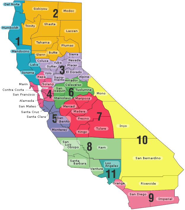 The state of California divided into the 11 C.C.S.E.S.A regions